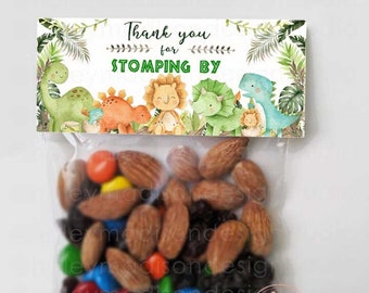 Set of 12 Baby Dino Treat Bag Toppers, Dinosaurs Party Favors Thanks for Stomping By, Dino Birthday Party Favors Treat bags with toppers
