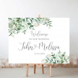 Cartello di benvenuto per matrimonio, cartello di benvenuto personalizzato per matrimonio, cartello di benvenuto per matrimonio in eucalipto verde dorato, cartello di benvenuto per matrimonio personalizzato