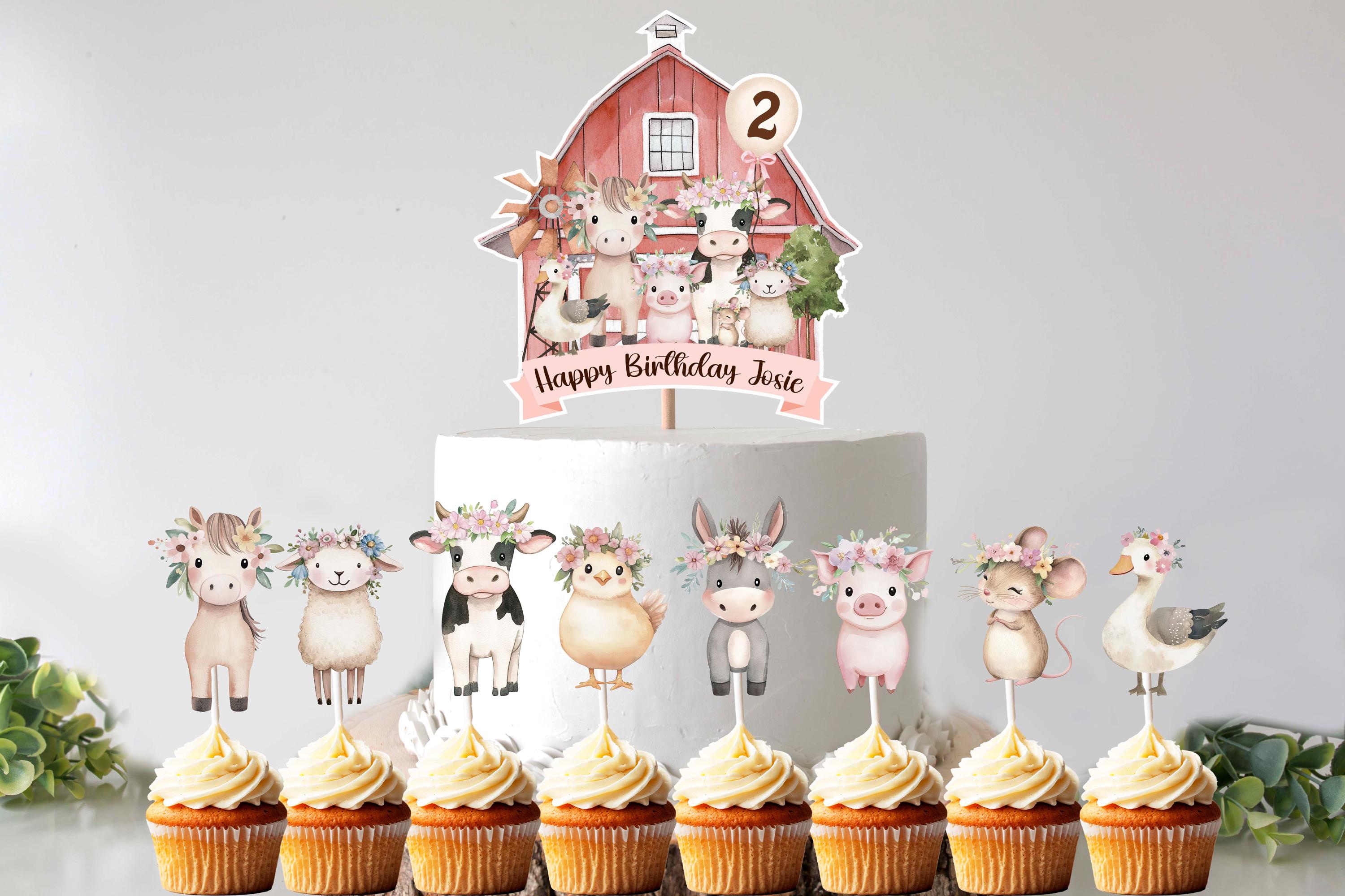 Farm Animals Cake Topper and Cupcake Topper Bundle, 1 Personalized Cake ...