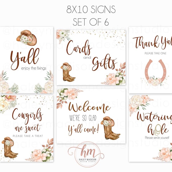 Cowgirl Baby Shower, Birthday Party signs, Set of 6 Table signs, Door signs, Cowgirl signs, food sign, favors signs DIGITAL FILE HM789