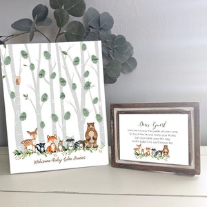 Cartello con impronta digitale del bosco, cartello con impronta digitale per baby shower del bosco, impronta digitale dell'ospite, ricordo del bambino del bosco, cartello dell'ospite del bosco, betulle