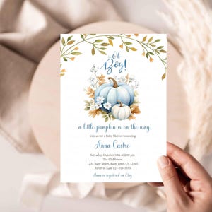 Blue Little pumpkin baby shower invitation,Fall pumpkin invitation, Boy baby shower invitation, gender neutral pumpkin invitation