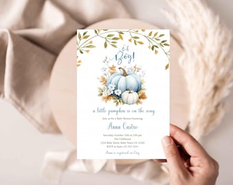 May include: A baby shower invitation with a watercolour design. It features a blue pumpkin and the words "Oh Boy!". The invitation includes event details, such as the date, time, and location, and the name "Anna Castro".
