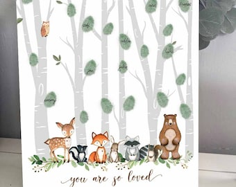 Cartello con impronta digitale Woodland STAMPABILE, cartello con impronta digitale per baby shower Woodland, impronta digitale per ospite, ricordo per neonato Woodland, cartello per ospite Woodland
