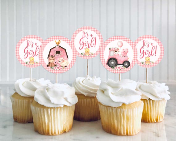 PRINTABLE Pink Farm Animals Cupcake Toppers, Farm Baby Shower It's