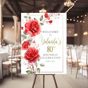 Letrero de bienvenida para cumpleaños de adultos, letrero de bienvenida con flores de rosas rojas, letrero de cumpleaños número 80, 70 y 90, letrero de bienvenida con flores de rosas