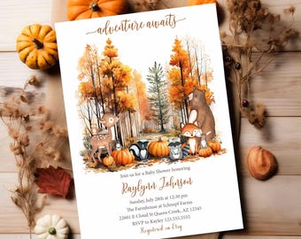 May include: Baby shower invitation with a watercolour forest scene, featuring a deer, bear, fox, and raccoon. The invitation includes the text "adventure awaits" and details for Raylynn Johnson's baby shower, with pumpkins and autumn foliage.