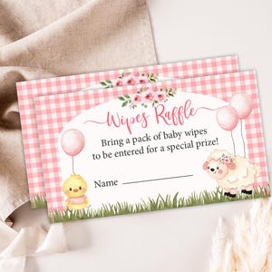 Cartes de demande de lingettes roses imprimables animaux de la ferme, lingettes de douche de bébé à la ferme pour cartes de bébé, apportez des lingettes pour bébé pour cartes de tombola