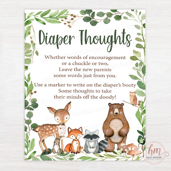 PRINTABLE woodland baby shower sign, woodland Diaper Thoughts sign write a message on diaper sign, woodland baby shower game, gender neutral