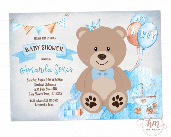 bear boy baby shower invitations