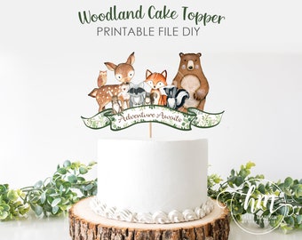STAMPABILE Avventura attende Woodland Cake Topper, Woodland Baby Shower Cake Topper, Woodland Birthday Cake Topper, arredamento verde bosco