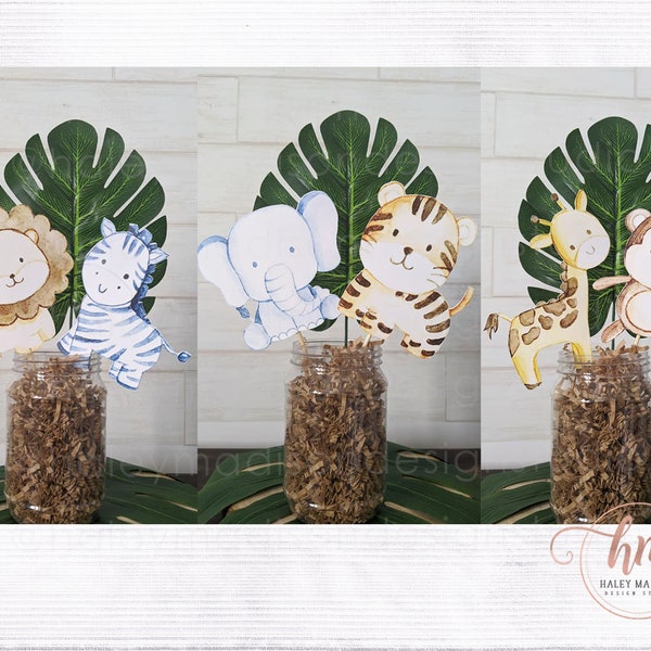 JUNGLE Centerpieces Set of 6 Jungle animal cutouts 4" and 6 Tropical Leaves, Jungle Safari Baby Shower Birthday Party decorations HM952