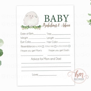 Petit agneau bébé conseils et jeu de prédictions, baby shower non sexiste, jeu de baby shower de verdure agneau, petit agneau bébé fichier imprimable