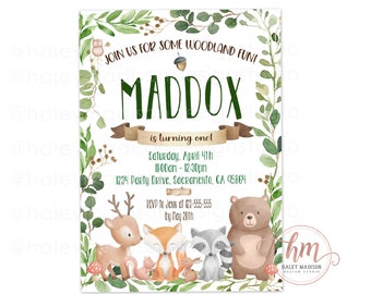 woodland birthday invitation, woodland fun birthday party invitation, Woodland animals party invitation, Forest Friends first bday HM006