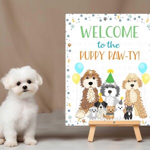 Placa de boas-vindas para festa de filhotes para imprimir, placa de boas-vindas para a Puppy Pawty!, placa de aniversário com tema de cachorrinho, placa de decoração de boas-vindas com tema de filhotes