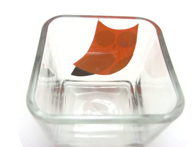OOAK Housewarming Orange Owl Wedding Hand Cut Gift For 5 Glass Votive Candle Holder With Scented Soy Candle