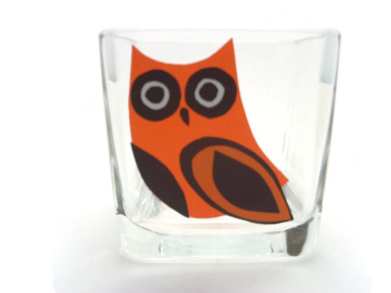 OOAK Housewarming Orange Owl Wedding Hand Cut Gift For 5 Glass Votive Candle Holder With Scented Soy Candle