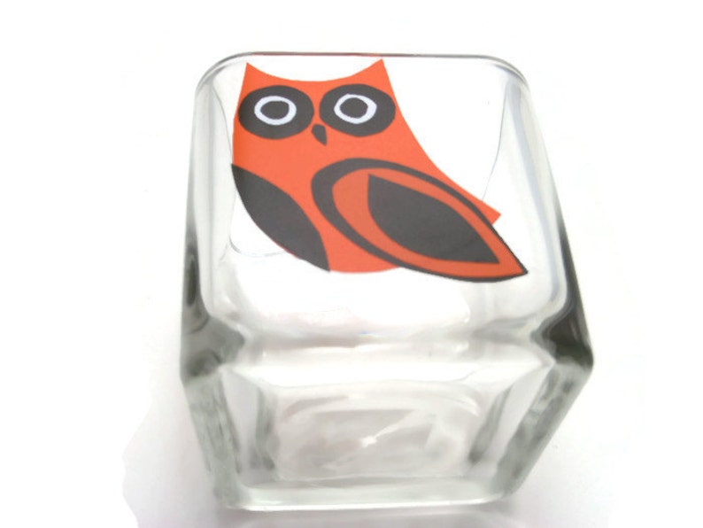 OOAK Housewarming Orange Owl Wedding Hand Cut Gift For 5 Glass Votive Candle Holder With Scented Soy Candle