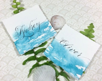 Watercolor Place Cards - Calligraphy Place Cards - Beach Wedding - Wedding Escort Cards - Aqua Blue - Light Blue -