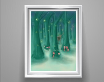 Stunning stag deer green enchanted forest mushrooms fantasy digital art download