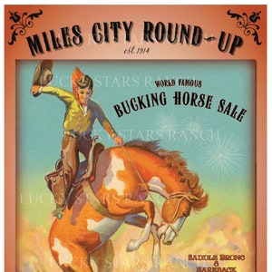 Miles City Round Up  Cowboy Cowgirl  Rodeo 18x24 Vintage Print