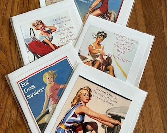 Set van 6 Pin Up Girl Cards - Blanco notitiekaarten w enveloppen 5x7 formaat