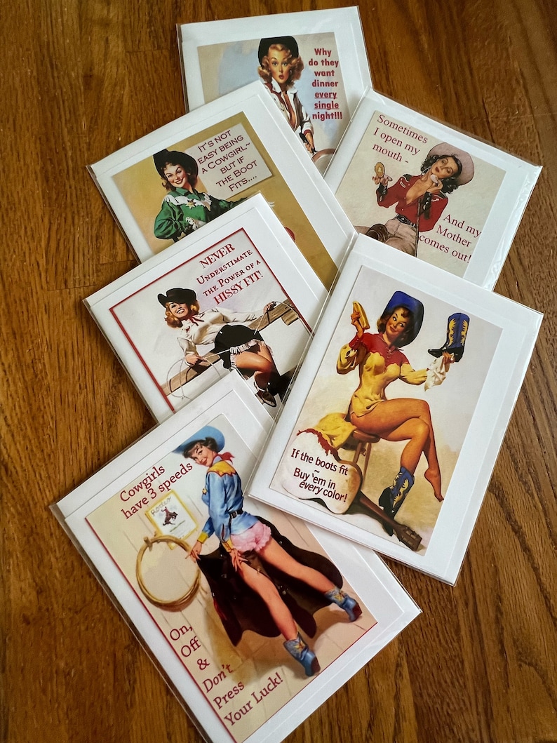 Set of 6 Cowgirl Cards Blank note cards w envelopes 5x7 size image 1