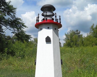 Solar lighthouse wooden decorative lawn and garden yard outdoor ornament - red accents - 3 ft tall