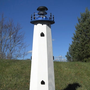 Lighthouse well pump cover with solar light decorative lawn and garden handmade outdoor ornament - 4 ft tall - blue accents