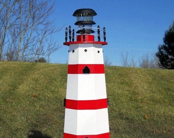 Lighthouse well pump cover with solar light decorative lawn and garden handmade outdoor ornament - 4 ft tall - Stripes