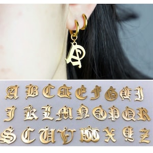 Old English Letter earrings, Custom Initial earrings, dangle Letter earrings, Gothic Letter earrings , Letter earrings, huggie hoop earrings