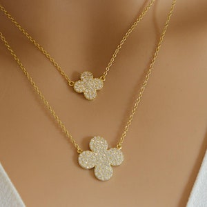 Dainty Four Leaf Clover Necklace, CZ Paved Pendant in Gold Vermeil & Sterling Silver, Perfect Bridesmaid Gift, Holiday gift ideas