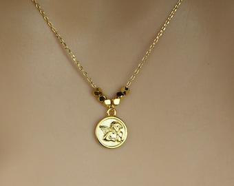 Collar con medallón de ángel dorado, moneda de querubín guardián, regalo de San Valentín para ella