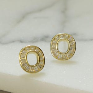Gold Baguette CZ Oval Stud Earrings Minimalist Halo Crystal Circle Everyday Dainty Jewelry Gift