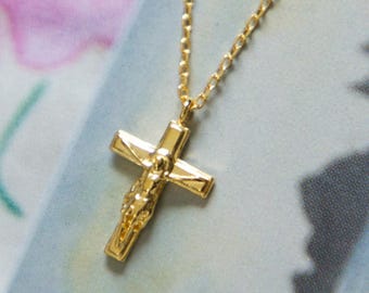 Gold Crucifix Necklace – Dainty Jesus Cross Pendant Christian Jewelry Gift