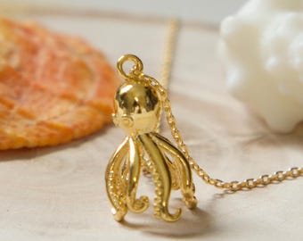 Gold Octopus Necklace: Dainty Sea Creature Pendant, Ocean Lover Gift