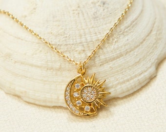 Sun Moon stars Necklace-Solar Eclipse Necklace-Celestial Sunshine Necklace-Crescent Moon Necklace-Stars Necklace-Sun Necklace-dainty charm