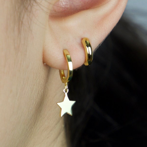 Star charm  huggies hoop Earrings dangle drop charm earrings gold vermeil star earrings dainty small star charm