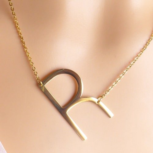 Large Capital Letter R Necklace Gold 