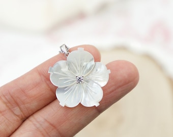 Mother of Pearl Flower Pendant Necklace, Vermeil Sterling Silver