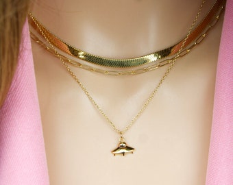 UFO necklace, UFO earrings, flying saucer necklace, flying saucer earrings, spaceship necklace gold silver, dainty UFO jewelry