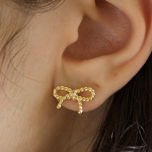 twisted rope bow stud earrings, Tiny Gold vermeil Bowknot studs, dainty Sterling Silver bow tie earrings, Friendship Best Friend Gift