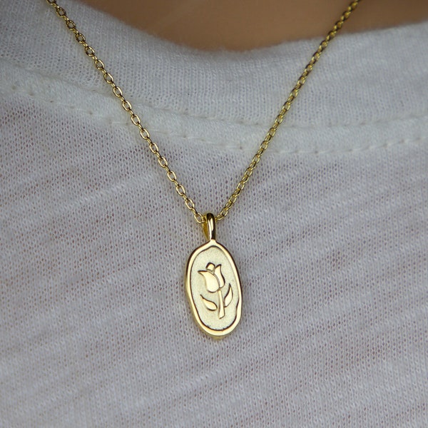 Tulip pendant necklace gold silver oval pendant necklace dainty tulip flower jewelry floral flower small charm choker personalized length