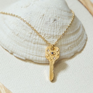 dainty gold key necklace-evil eye key-key jewelry-silver key necklace-small key necklace-celestial key necklace-crescent moon-northern star