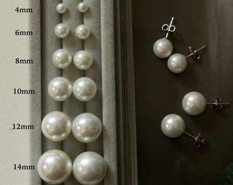 Pendientes de perla de 10 mm, 8 mm y 6 mm, con cierre de plata de ley, joyería minimalista de perla blanca.