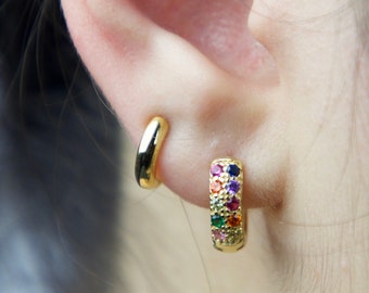rainbow huggie hoop earrings-gold-multicolored-mini hoops-small-14k gold vermeil-CZ-gift for her-birthday gift earrings