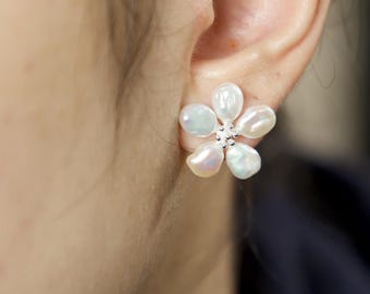 Zoetwaterparelbloem oorknopjes, sterlingzilveren bloemen bruidscadeau, kerstcadeau sieraden