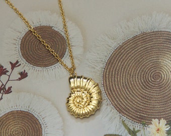 Gold Ammonite Necklace, Sea Shell Pendant, Beach Jewelry