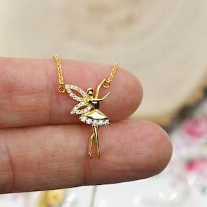 Dainty ballerina charm necklace CZ gold-CZ paved-fairy necklace gold-dainty-Mothers Day Gift-necklace for mom-birthday gift for girl