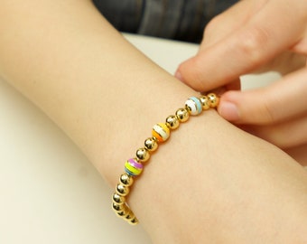 Gold Ball Bead Stackable Bracelet with Multicolor Beads, stretch bracelet, Layering Jewelry, Birthday & Mother's Day Gift